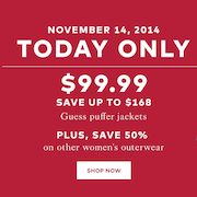 Hudson's Bay: $100 Guess Puffer Coats + 50% Off Other Women's Outerwear