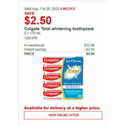 Colgate Total Whitening Toothpaste - $9.99 ($2.50 off)